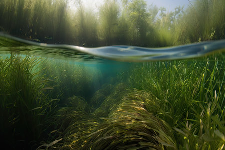 aquatic plants and seagrasses swirling in current of river, created with generative aiの素材
