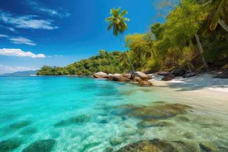 tropical beach with palm trees and clear blue waters, created with generative aiの素材