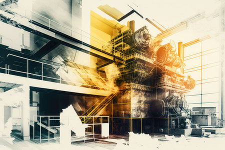 double exposure of pulping and beating processes in papermaking plant, created with generative aiの素材