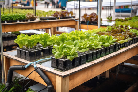 close-up of aquaponics and hydroponic systems, with all the parts visible, created with generative aiの素材