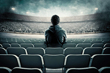 person, settling into the single empty seat at a stadium or concert, with their view of the stage or field in full view, created with generative aiの素材
