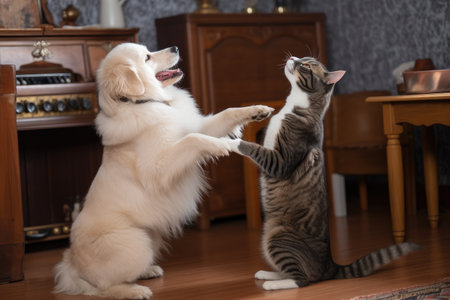 a cat and a dog dancing together to the tune of classical music, created with generative aiの素材