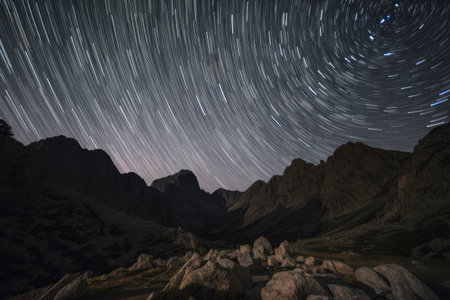 star trails and milky way above mountain range, with the stars shining in the night sky, created with generative aiの素材