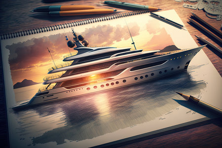 yacht design sketch with a view of the sunset, showcasing the natural beauty of nature, created with generative aiの素材