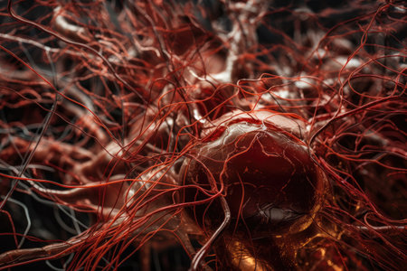 close-up of the human brain, with blood vessels and neurons visible, created with generative aiの素材
