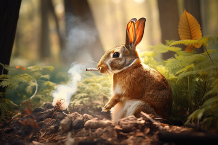 rabbit smoking ganja from its hole in the forest, created with generative aiの素材