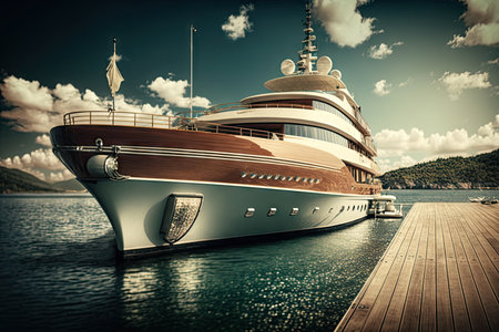 luxury yacht in peaceful harbor, with wooden deck and sunny skies, created with generative aiの素材