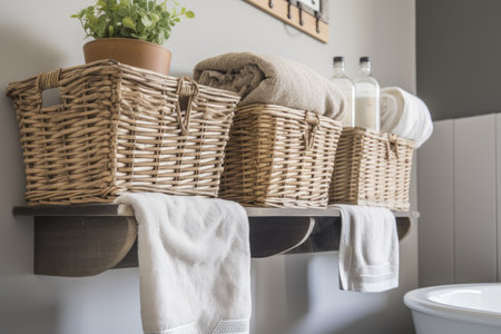 organizing and storage solutions using containers, hooks, and baskets for the bathroom, created with generative aiの素材