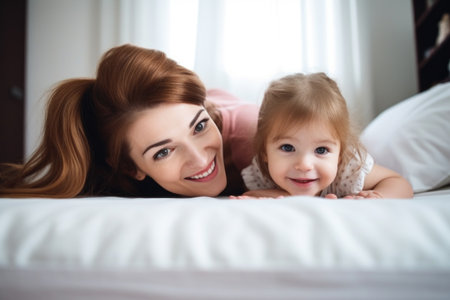 shot of an adorable little girl lying in bed with her mom, created with generative aiの素材