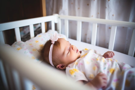 shot of an adorable baby girl sleeping in a crib, created with generative aiの素材