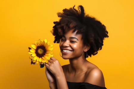 black woman, portrait and smile with a flower in hair on a yellow studio background mockup, created with generative aiの素材