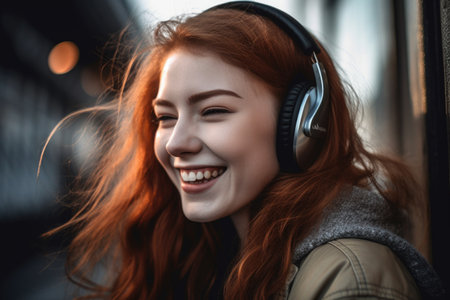 closeup of a woman smiling while wearing headphones, created with generative aiの素材