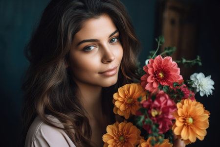 cropped shot of a beautiful young woman holding flowers, created with generative aiの素材