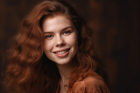 woman, smile and beauty portrait in a happy mood of happiness, fashion or style, created with generative aiの素材