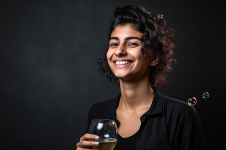 woman, bubble and coffee portrait in studio for advertising on mockup background with smile, created with generative aiの素材