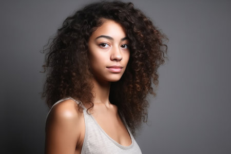 cropped shot of a beautiful young woman posing in studio against a gray background, created with generative aiの素材