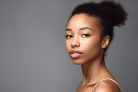 cropped shot of a beautiful young woman posing in studio against a gray background, created with generative aiの素材