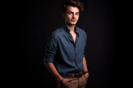 studio shot of a handsome young man standing with his hands in his pockets, created with generative aiの素材