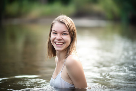 a beautiful young woman standing in water with a smile, created with generative aiの素材