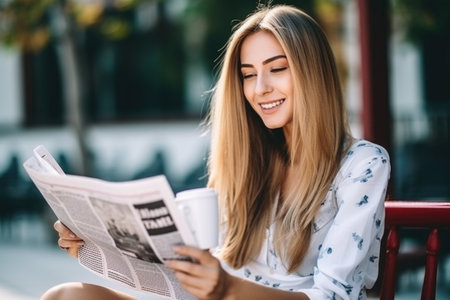 smiling young woman reading the newspaper while drinking a cup of coffee, created with generative aiの素材