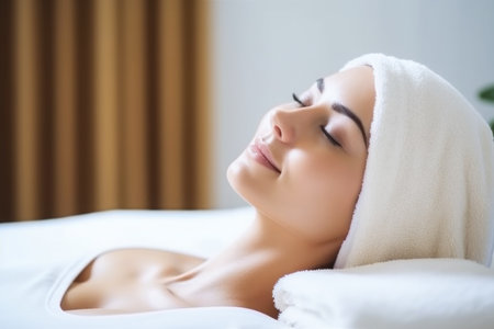 woman, spa and happy face for wellness, beauty or luxury in a relax environment with luxury, created with generative aiの素材