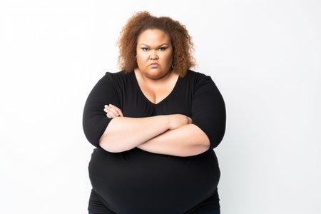 an angry plus size woman standing with her arms crossed over a white background, created with generative aiの素材