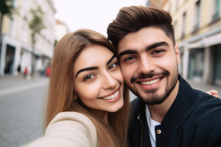 cropped shot of a young couple taking selfies on their phone, created with generative aiの素材