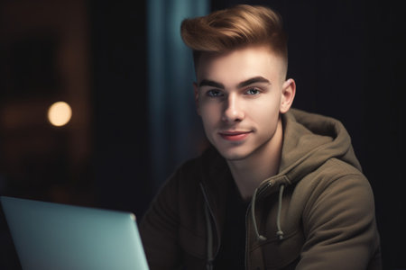 a handsome young man sitting in front of his laptop, created with generative aiの素材