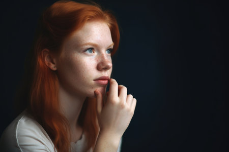 a young woman standing with her hand on her chin, created with generative aiの素材