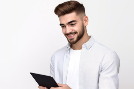cropped portrait of a handsome young man using his tablet while standing against a white background, created with generative aiの素材