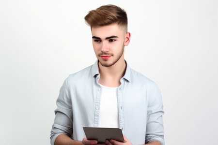 cropped portrait of a handsome young man using his tablet while standing against a white background, created with generative aiの素材