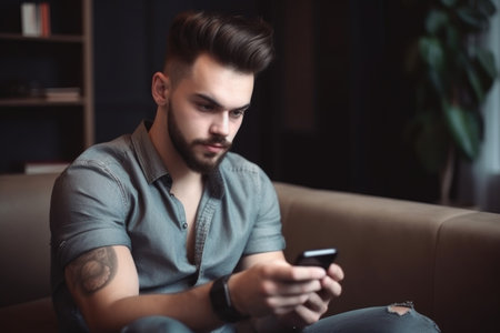 portrait of a handsome young man using his phone while sitting on the sofa at home, created with generative aiの素材