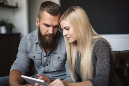 a young couple using their digital tablet together, created with generative aiの素材
