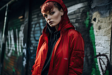 streetwear and urban fashion editorial, showcasing cutting-edge looks for the modern woman, created with generative aiの素材