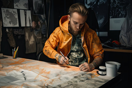 streetwear designer, creating unique and custom pieces in the studio, created with generative aiの素材