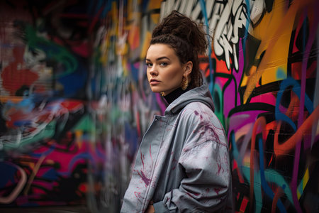 female streetwear and urban fashionista poses in front of graffiti art for stylish photo shoot, created with generative aiの素材