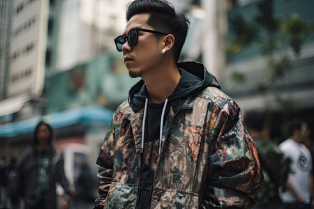 streetwear enthusiast, showcasing their favorite brands and styles with personalized looks, created with generative aiの素材