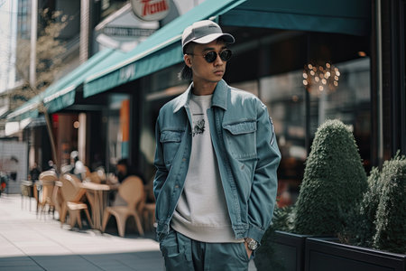 streetwear enthusiast, trying out different outfits, to find the perfect combination, created with generative aiの素材