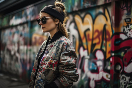 streetwear blogger taking outfit shots against graffiti-covered wall, created with generative aiの素材