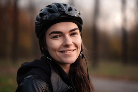 woman, portrait and bicycle for fitness, cardio and workout in nature with smile during sports, created with generative aiの素材