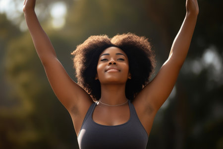 young african american woman standing with her arms raised after a workout, created with generative aiの素材
