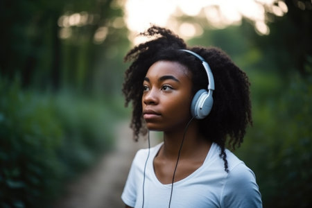 fitness, black woman and headphones in nature for running, cardio and workout while training, created with generative aiの素材
