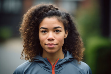 portrait of a beautiful young woman standing outside in her sports attire, created with generative aiの素材