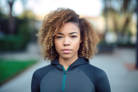 portrait of a beautiful young woman standing outside in her sports attire, created with generative aiの素材