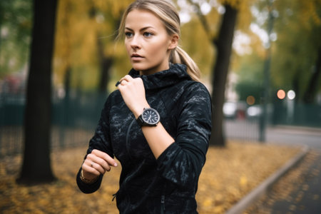 portrait of a young jogger checking her watch before running, created with generative aiの素材