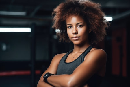 portrait, gym and black woman with a smartwatch for fitness, wellness and health, created with generative aiの素材