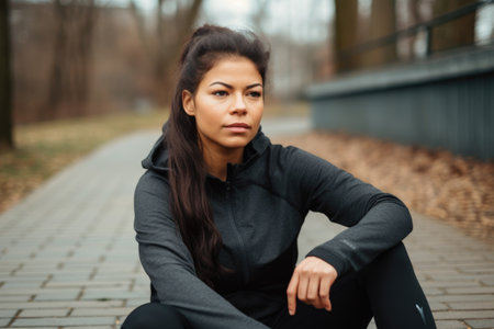 portrait of a sporty young woman taking a break while exercising outdoors, created with generative aiの素材