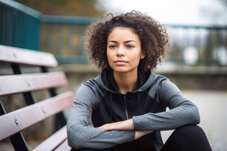 portrait of a sporty young woman taking a break while exercising outdoors, created with generative aiの素材
