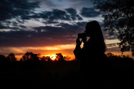 silhouette of a young woman taking pictures at sunrise, created with generative aiの素材