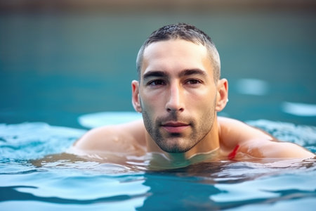 fitness, portrait and man in water for swimming exercise, wellness and cardio training, created with generative aiの素材